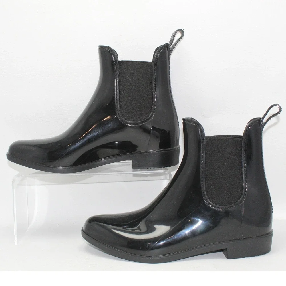 Womens Black Glossy Chelsea Rain Boots Ankle Waterproof Size‎ 38 Elastic Gore